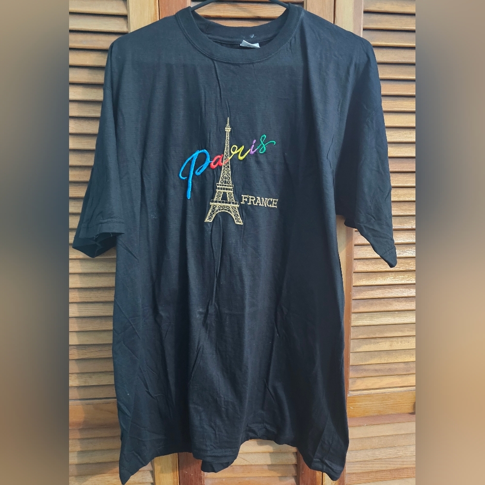 Vintage-Style Black T-Shirt | Embroidered Eiffel Tower “Paris France” | Size XXL